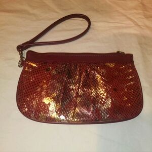 Wilsons Leather Wristlet Purse Red Gold Metallic Embossed Snake Lined Handbag